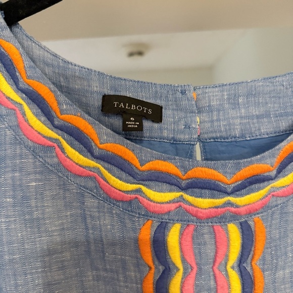 Talbots Linen Scallop Detail Shift Knee Length Dress Multicolor Sleeveless Sz 6 - Picture 5 of 10